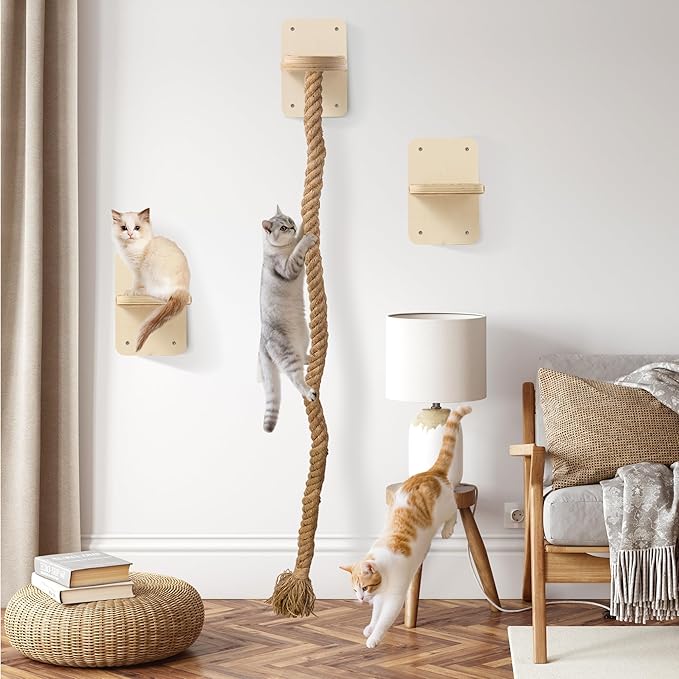 Cat Wall Shelves with 2 x 60 Inch Climbing Rope, Wall Mounted Cat Tree with Scratching Post Kitten Rope Ladder with Jumping Platform Wall Steps for Playing and Rest