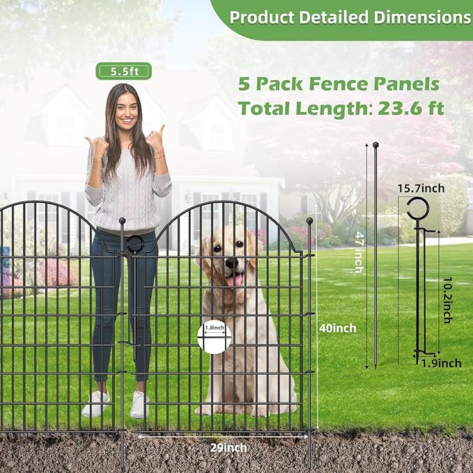5 Panels Decorative Garden Fencing with Gate for Yard, 40in (H) x 11.8ft (L) No Dig Animal Barrier Fence, Rustproof Metal Wire Outdoor Dog Fences Panel Border with Temporary Ground Stakes