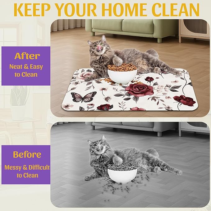 Vintage Flower Butterfly Dog Cat Food Mat, Absorbent Feeding Placemat, Waterproof Non-Skid Bottom – 16x24 Inch