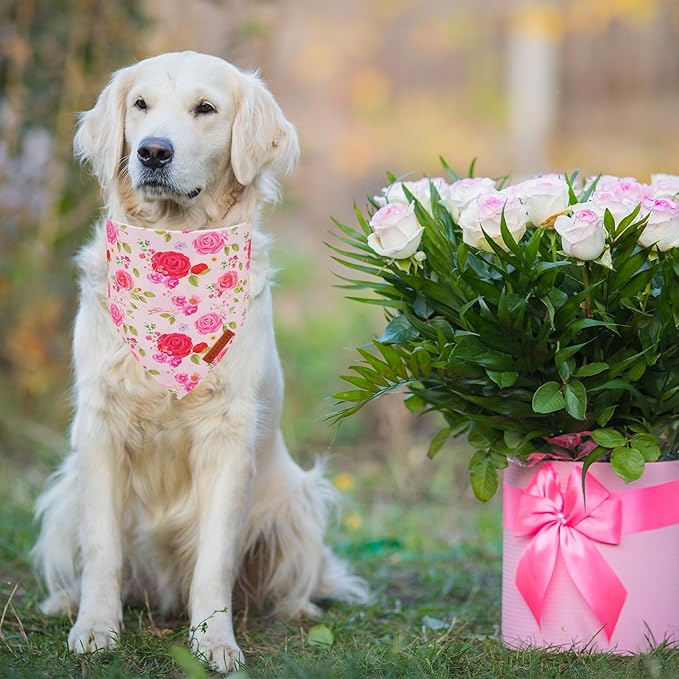 ADOGGYGO Floral Dog Bandana 2 Pack, Reversible Red Pink Rose Pet Scarf Bib, Adjustable Fit Cute Floral Bandanas for Medium Large Dogs Pets (Large)
