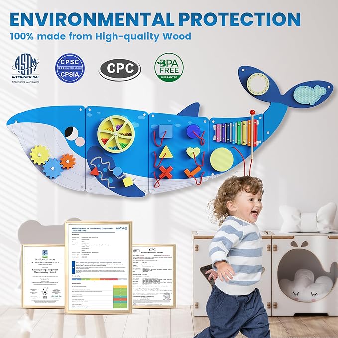 BlueWood Wooden Wall Busy Board Panels, Toddler Learning Activity Center, Montessori Philosophy Sensory, Educational Toys, Conducive to All-Round Development - Whale