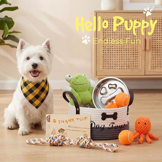 14Pcs New Puppy Gift Basket, Complete Premium Welcome Puppy Starter Kit and Dog Gift Basket with Dog Toys Bundle, Pet Essentials for New Owners, Perfect Dog Birthday Set for Small to Medium Breeds