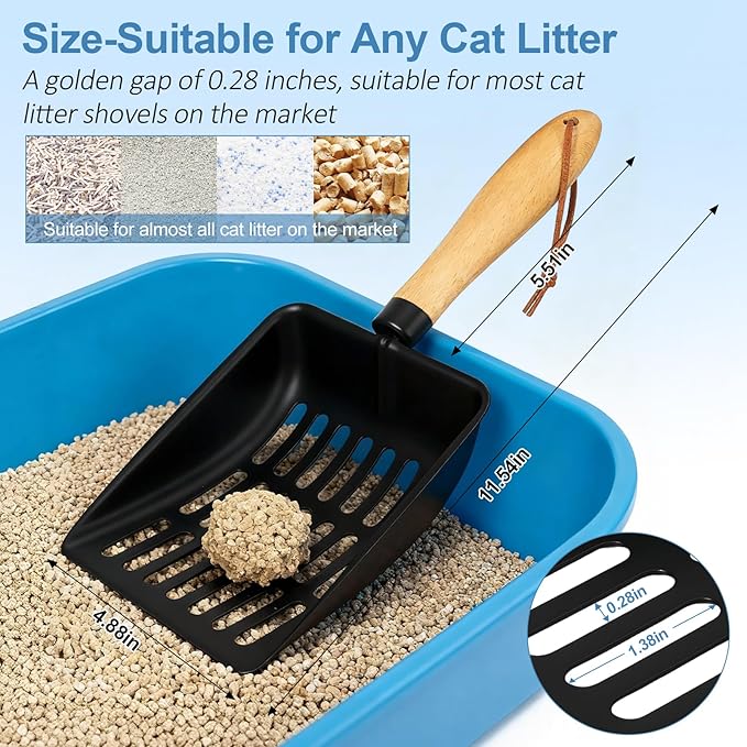 Cat Litter Scoop, Metal Litter Scoop, Heavy Duty Metal Cat Scooper for Litter Box, Black Sifter Scoop for Pellets, Wooden Handle Scoop with Hole, Kitty Necessity (5.5" Handle)