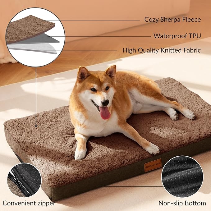 Patas Lague Orthopedic XL Dog Bed Large Sized Dog 48''X30'', Soft Waterproof Egg Crate Foam Large Pet Crate Beds Mat with Removable Washable Cover and Non-Slip Bottom, Brown