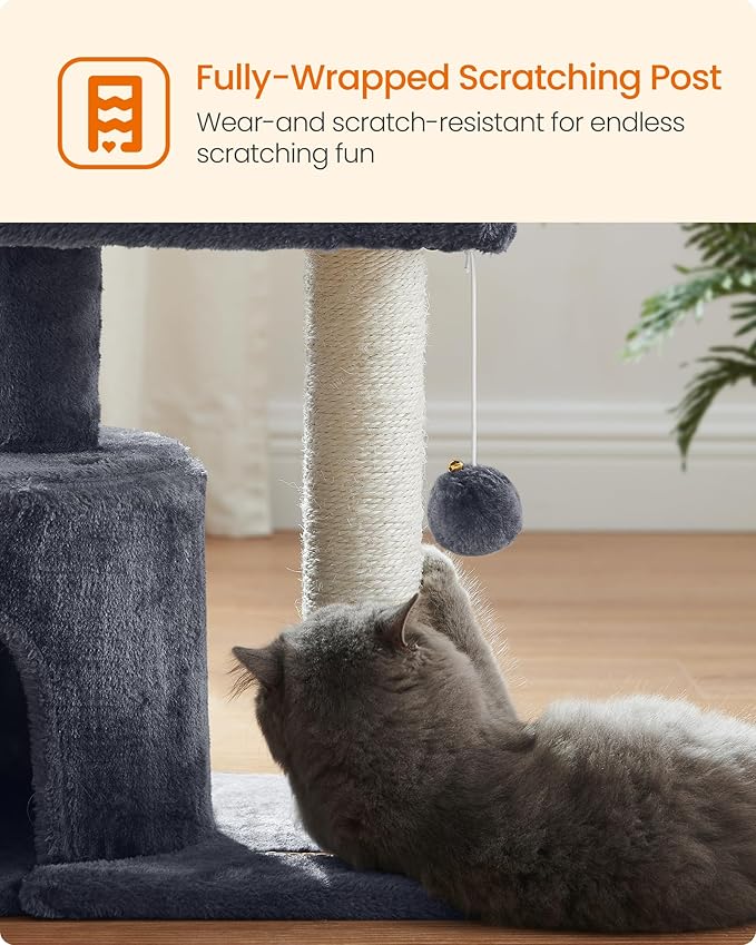 Feandrea Cat Tree, Small Cat Tower with Sisal Scratching Post, Plush Condo with Padded Perch, for Small Spaces, Kittens, Smoky Gray UPCT50G