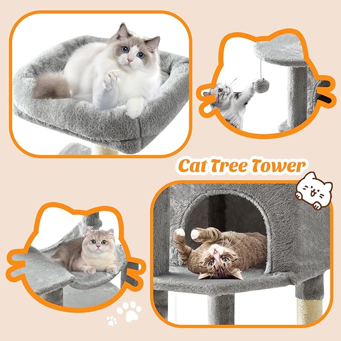 Cat Tree Tower 44 Inch, Small Cat Tower with Condo, Hammock, Sisal Scratching Posts, Extended Perch, Pet Play House for Indoor Kittens and Cats, Light Grey