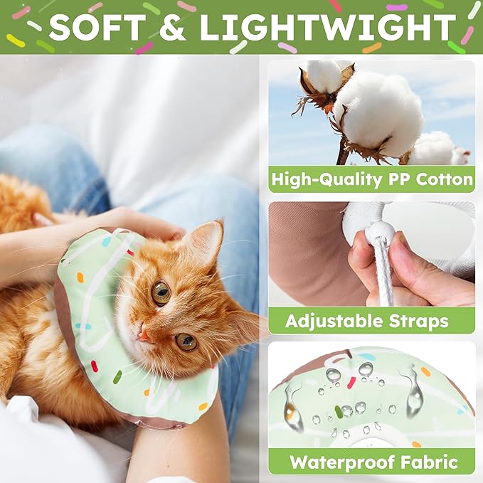 Cat Cone Collar Soft, Waterproof Cat Recovery Collars Spay Cones to Stop Licking Cute Donut E Collar After Surgery Anti-Lick Wound Healing Safety Elizabethan Collar for Kittens (Donut Green, Large)