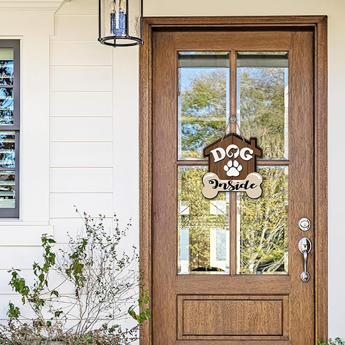 Dog Inside Front Door Sign, Doghouse Bone Paw Prints Wood Door Hanger Outdoor Outside Porch Decor, Farmhouse Wooden Wreath Indoor Wall Hanging Decoration Pet Owner Lover Gift