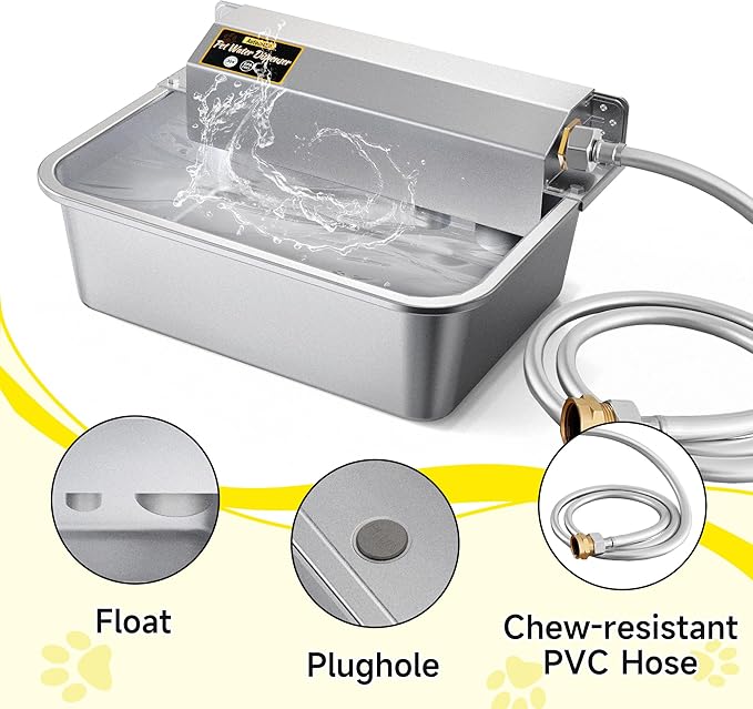 Automatic Dog Water Dispenser, 2 Gallons 304 Stainless Steel Large Dog Water Bowl Dispenser for Indoor/Outdoor, Pet & Livestock Water Feeder, Auto Fill, Fits GHT 3/4" Faucet, Easy to Clean