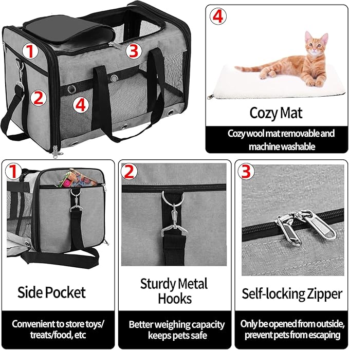 Soft Sided Cat/Dog Carrier,Collapsible Pets Travel Carriers for Pet/Puppy with Shoulder Strap & Removable Mat,Mesh Top Load Small Dogs/Cats Carry Bag Up to 17 Lbs TSA Airline Approved（Grey,M）
