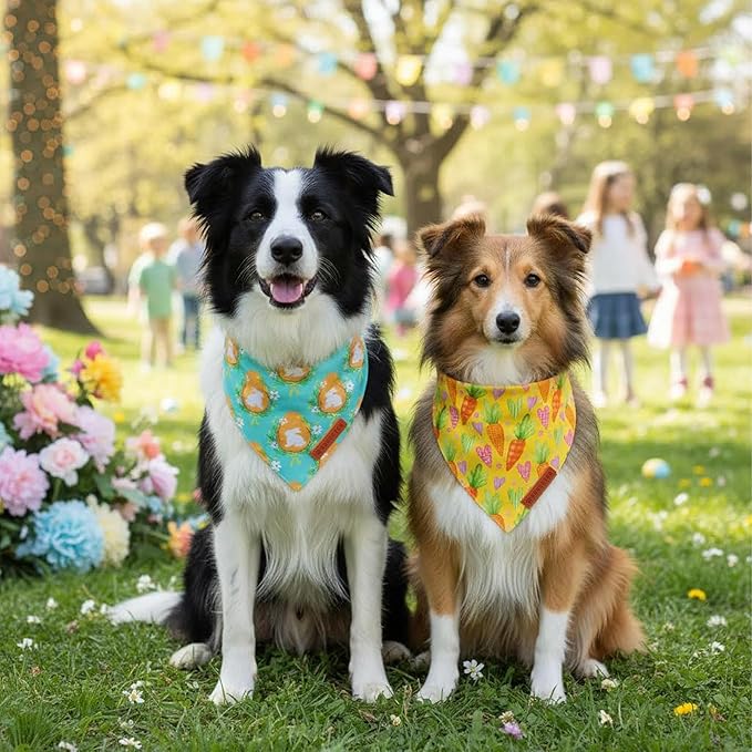 ADOGGYGO Easter Dog Bandana 2 Pack, Bunny Egg Carrot Print Pet Scarf Bib, Adjustable Fit Green Yellow Easter Bandanas for Medium Large Dogs (Large)