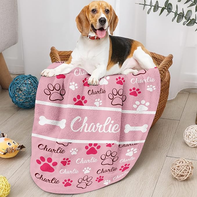 Personalized Dog Blanket, Customized Pet Blankets with Name Picture, Throw Blanket for Small Medium Large Dog Puppy Cat (E-Pink)