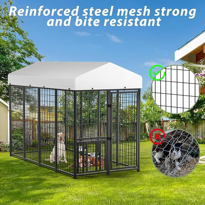 LOVMOR Outdoor Dog Kennel with Roof, Heavy Duty Steel Dog Run Enclosure for Medium Dogs, Waterproof Canopy, Double Latch Door, Adjustable Feeding Bowls, Pet Pen for Yard and Patio, 8’L x 4’W x 5.6’H