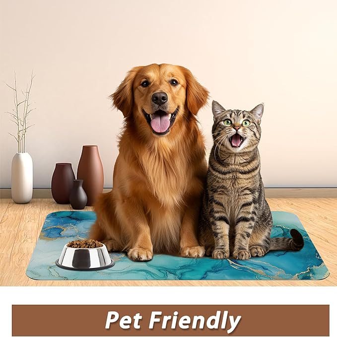 Marble Dog Cat Food Mat,Blue Teal Turquoise Gold Absorbent Pet Feeding Mat with Rubber Backing,Non-Slip Water Bowl Placemat,Indoor Pet Accessories Supplies 12"x20"