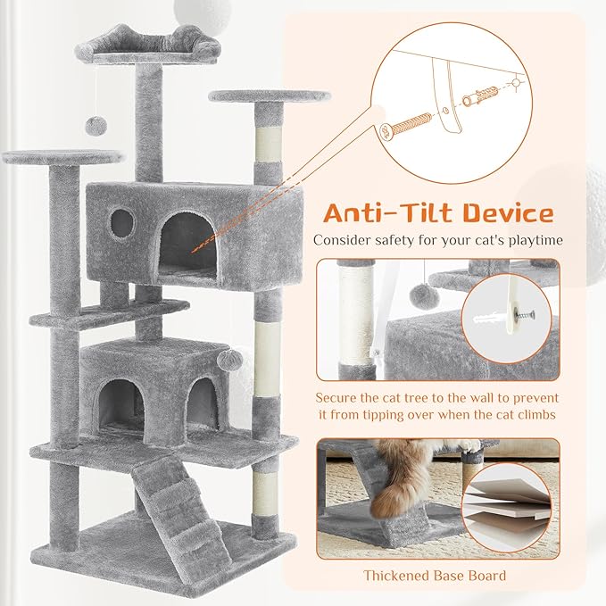 Sweetcrispy 54 Inch Cat Tree Tower, Multi-Level Tower with Cat Scratching Post, Indoor Cat Condo with Climbing Ladder, Plush Toy, Play House for Cat, Light Grey