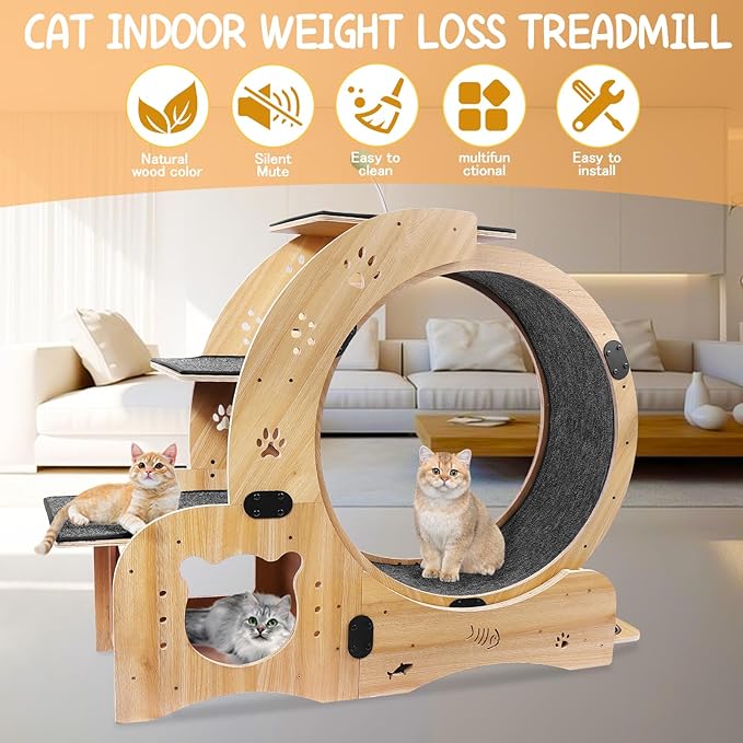 6-in-1 Cat Exercise Wheel - Quiet Wood Cat Treadmill with Cat House, Tree & Feeding Bowls - Sturdy Indoor Cat Activity Center for Running & Play - Large Cat Furniture with Scratching Pad