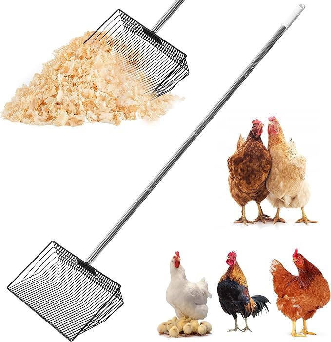 Chicken Poop Scooper & Rake 2-in-1, 304 Stainless Steel Shovel Head, Chicken Litter Scoop for Chicken Coop & Pet Waste Cleaning, Cleaning Tools for Chicken Coops & Farm Animals Scoop