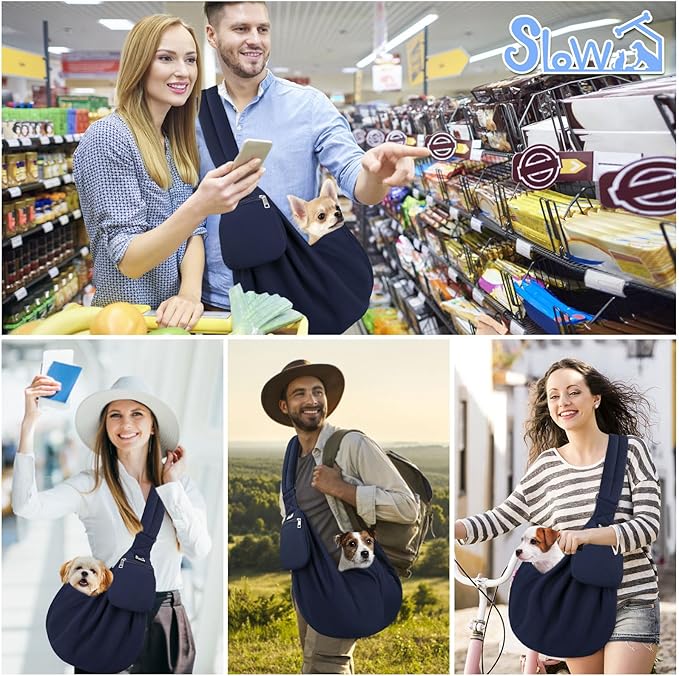 SlowTon Dog Carrier Sling - Thick Padded Shoulder Strap Adjustable Dog Carriers for Small Dogs, Puppy Carrier Purse for Pet Cat with Front Zipper Pocket Safety Belt Machine Washable (DBL, M)