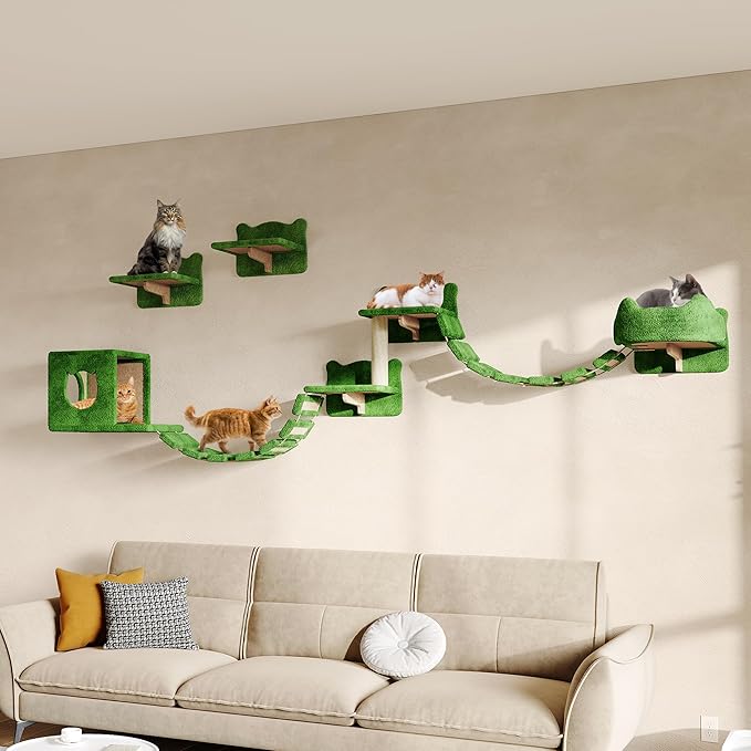 9-in-1 Cat Wall Shelves, Wall Mounted Cats Furniture Set with Plush Fabric, Cat Climbing Systems, Cats Shelf Furniture with Condos, House, Steps, Bridge Ladder, Scratching Post, Green