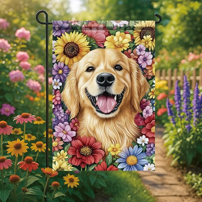 Golden Retriever Garden Flag 12x18 Inch Dog with Colorful Flowers Outdoor Banner Cute Pet Yard Decor Spring Summer Double Sided Welcome Flag for Lawn House Decoration Dog Lovers Gift