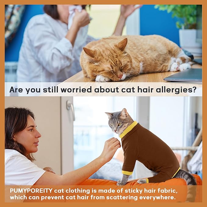 PUMYPOREITY Cat Hair Sticky Sweater, Recovery Suit - Breathable & Lightweight for Post-Surgery Protection, Cat Onsie Prevents Licking Wounds, Brown, 2XL