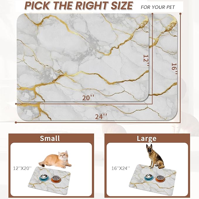 Marble Dog Food Mat for Floors,White Gold Marble Absorbent Quick-Dry Pet Feeding Mat,Cat Dog Bowl Mats for Food and Water,Non-Slip Pet Accessories Supplies 16"x24"