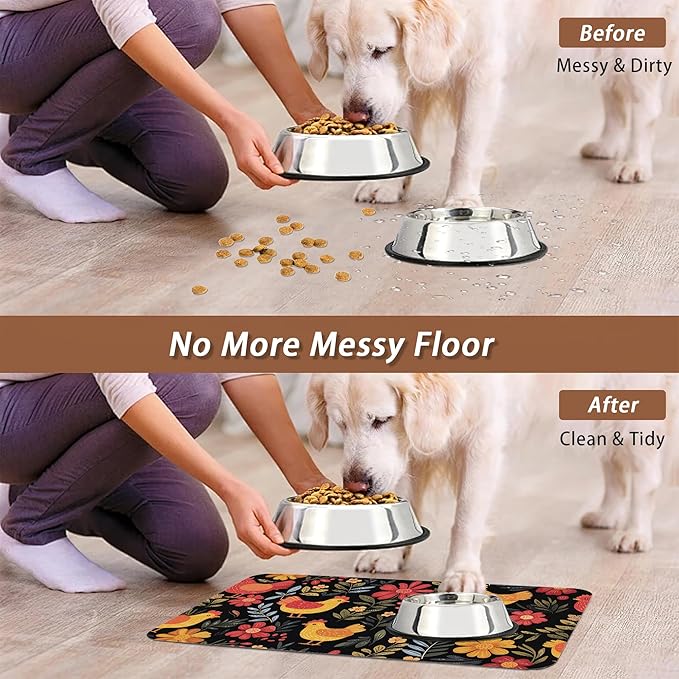 Chicken Rooster Hen Flower Meadow Dog Cat Food Mat,Absorbent Pet Feeding Mat with Rubber Backing,Non-Slip Water Bowl Placemat,Indoor Pet Accessories Supplies 12"x20"