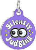 Bad Tags Personalized Dog and Cat ID Tags in 25+ Designs and 2 Sizes - 5 Lines of Custom Engraved Text - Funny Cute Personalized Pet Tags (Silently Judging - Purple, Small (1 inch))
