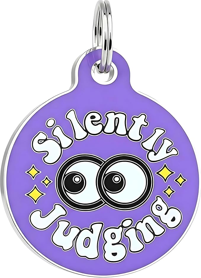Bad Tags Personalized Dog and Cat ID Tags in 25+ Designs and 2 Sizes - 5 Lines of Custom Engraved Text - Funny Cute Personalized Pet Tags (Silently Judging - Purple, Small (1 inch))