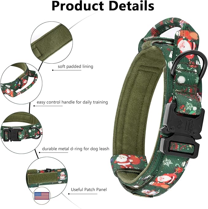 DAGANXI Christmas Tactical Dog Collar, Adjustable Military Training Nylon Dog Collar with Control Handle and Metal Buckle for Medium and Large Dogs, with Patches and Airtags Case (L, Christmas Green)