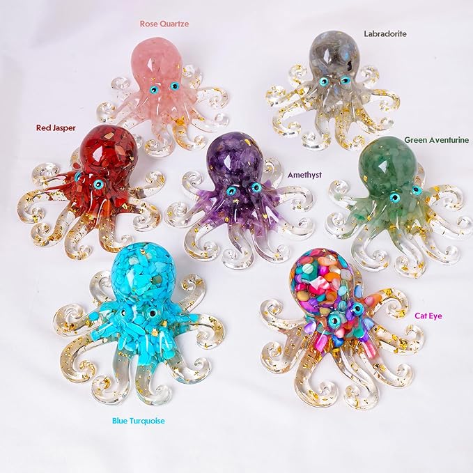 Octopus Decor Aquarium Turquoise Decorative Resin Glass with Natural Crystal Stone Marine Animals Fish Tank Ornaments Statue Healing Home Decor Ladies Gift 3.93"