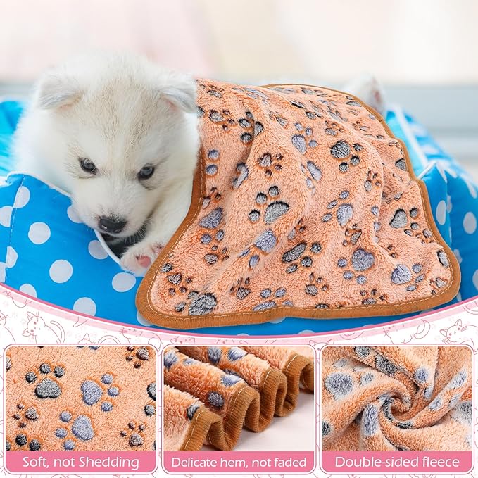 Tegeme 12 Pcs Pet Blankets Soft Fluffy Fleece Dog Cat Warm Paw Print Pattern Blankets Flannel Throw for Pets Dog Puppy Cat(23 x 16 Inch,Pink,Beige,Camel)