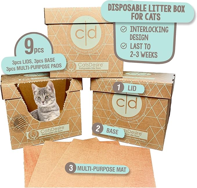 Leakproof Disposable Cat Litter Box 3 Pack (9 pcs) Top/Low Entry INCLUDES- 3 lids, 3 bases and 3 multipurpose pads - Open or Closed, 17"L x 17"W x 15.25"H. Xtra Large Woman Owned Made in USA Patented