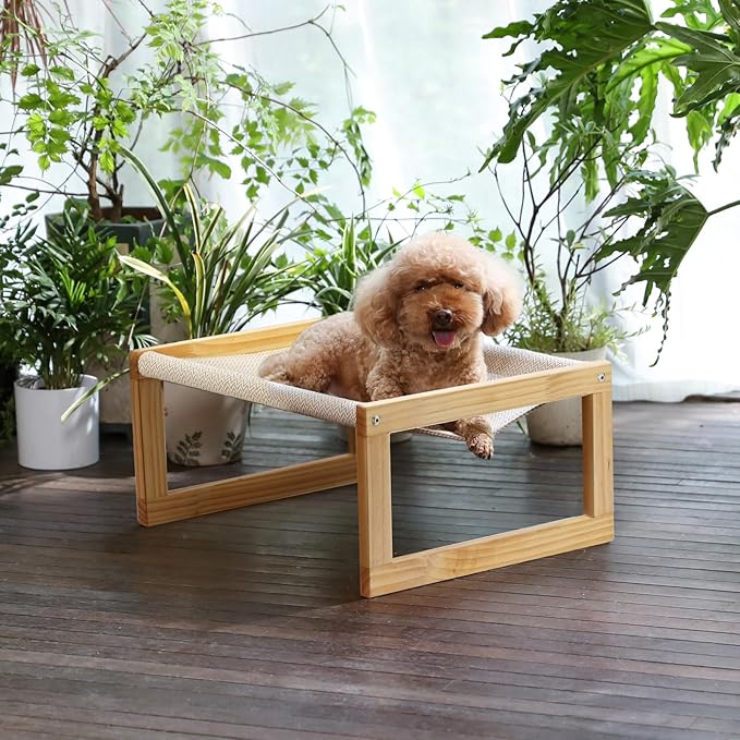 FUKUMARU Dog Bed, Large Breathable Elevated Cat Hammock, Wooden Cat Beds for Outdoor and Indoor, 21 Inch Raised Pet Beds Suitable for Cats, Puppy, Bunny and Small Animal