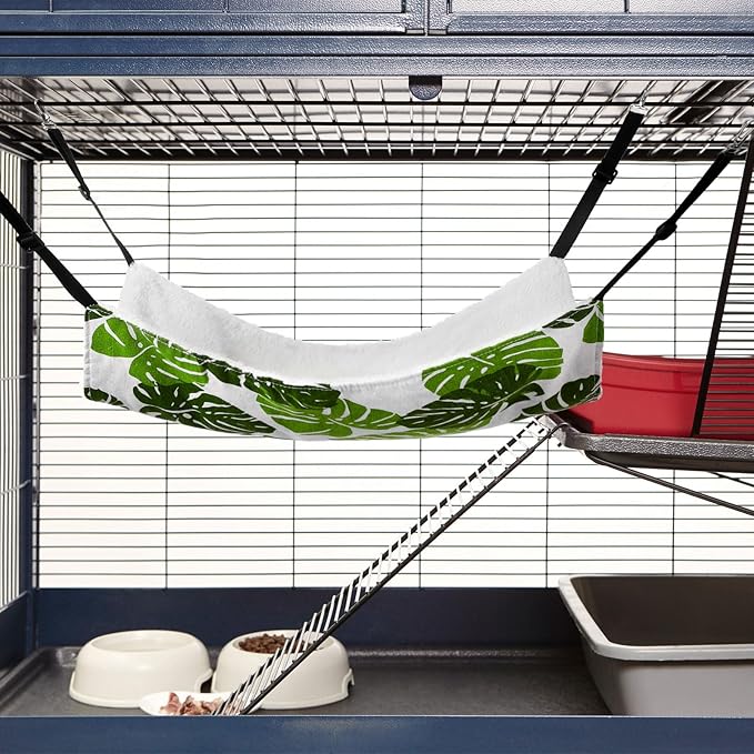 Jetec 2 Pack Cat Hammock for Cage, Catio Accessories Reversible Soft Cats Bed with Adjustable Straps and Hooks Double-Sided Linen and Fleece Hanging Hammock for Cats, Kitten(Monstera Leaf,L)