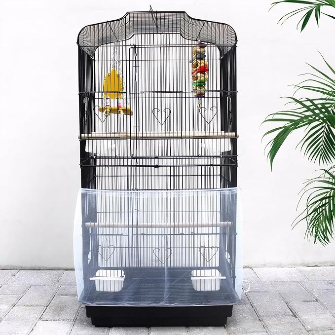 4 PCS Bird Cage Cover, Universal Bird Cage Seed Catcher, Adjustable Elastic Band Stretchy Skirts Mesh Cover, Reusable for Round and Square Cages (M, XL, Black, White)