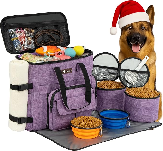 Modoker Dog Travel Organizer Carriers for Supplies & Accessories, Airline Approved Cat Pet Travel Bag, 2 Collapsible Bowls, 2 Travel Dog Food Container, Purple