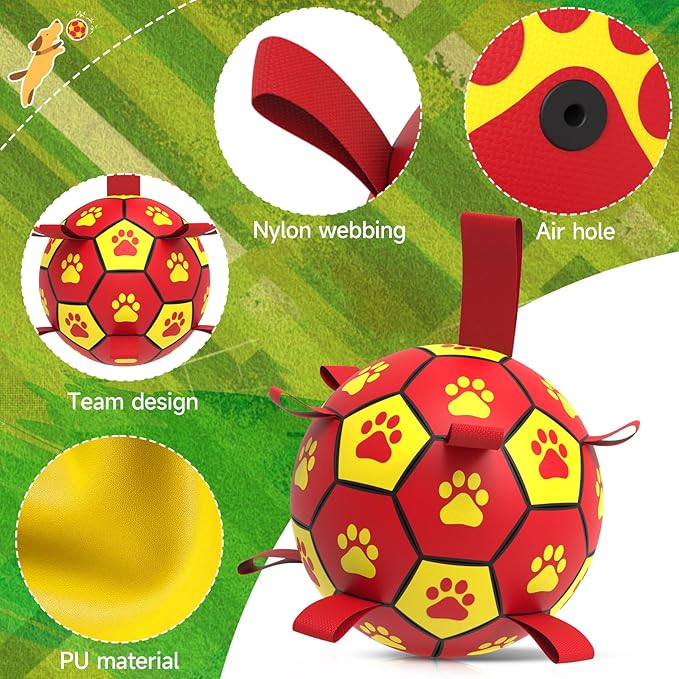 QDAN Dog Toy Balls, Dog Soccer Ball with Straps, Outdoor Dog Toys, World Cup Pet Training Soccer for Medium to Large (8 Inch)