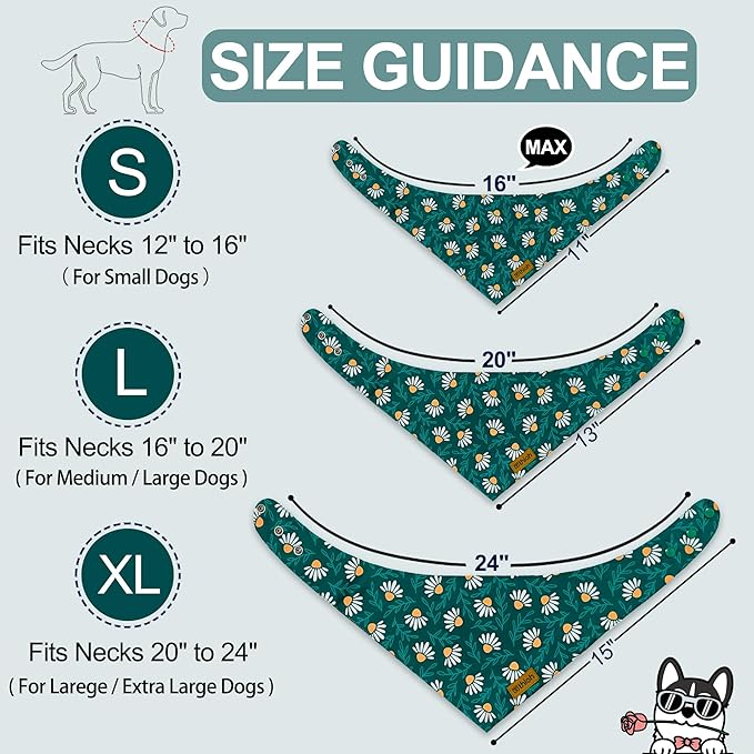 Spring Dog Bandanas with Snap Button, 2 Pack Floral Dog Scarf for Boy & Girl, Durable Fabric, Adjustable Fit, Unique Shape, Gift for Dogs, Daisy Bandana for Medium and Large Dogs (Large)