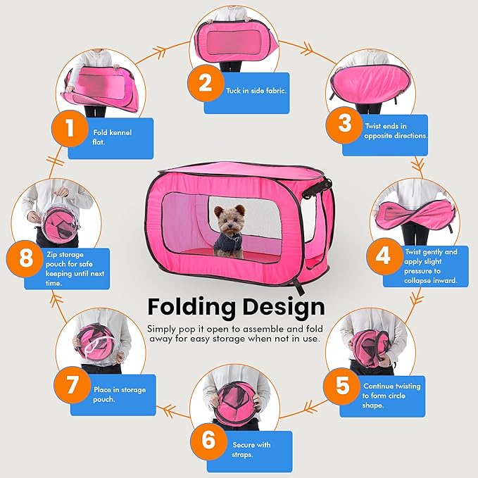 Beatrice Home Fashions Portable, Collapsible, Pop Up Kennel Travel Cat and Dog Crate, 32.5" L x 19.5" W x 19.5" H, Fuchsia