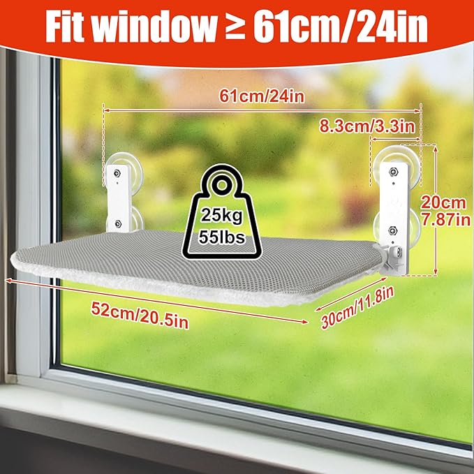 Sunhoo Cat Window Hammock Perch Cordless Perches Window Sill Seat Bed Foldable Stable Lounger Upgraded Suction Cup Easy Assembly Indoor Cats Kitty Shelf Hold Up to 55lbs (Light Gray, M)