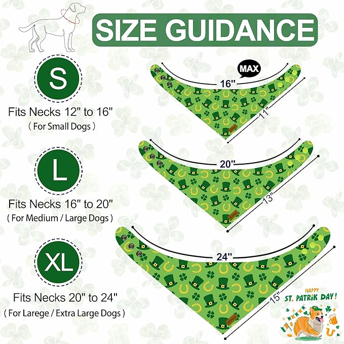 St. Patrick's Day Dog Bandanas with Snap Button, 2 Pack Reversible Shamrock Dog Scarf for Boy & Girl, Durable Fabric, Gift for Dogs, Holiday Bandana for Large and Extra Large Dogs (X-Large)
