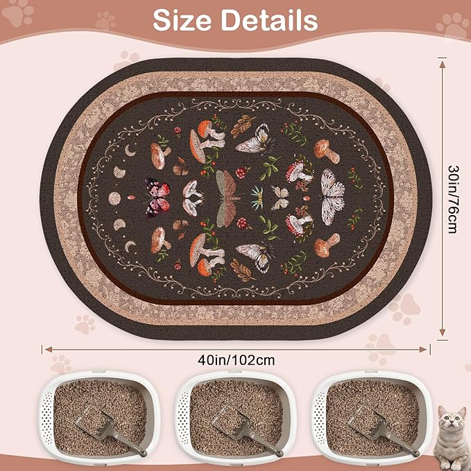Bienbee Cat Litter Mat, 40" x 30" Jumbo Size Litter Box Mat Rug with Non-Slip Bottom, Urine and Water Proof, Easy to Clean Cat Supplies Essentials for Indoor Kitty Kitten Floor,Brown Mushrooms XL