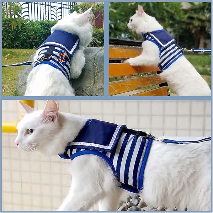 Cat Harness and Leash for Walking Escape Proof, Adjustable Cat Vest Harness, Padded Stylish Cat Walking Jackets, Sailor Suit Navy, Extra Large