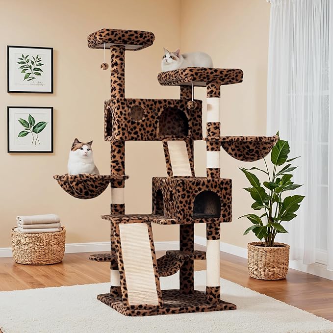 WEEWAY Cat Tree Tower for Indoor Cats,65'' Multi-Level Cat Furniture Activity Center,Stand House Condo Cave,Sisal Scratching Posts Ramps,Plush Perches Platforms Basket Hammock, Leopard Print