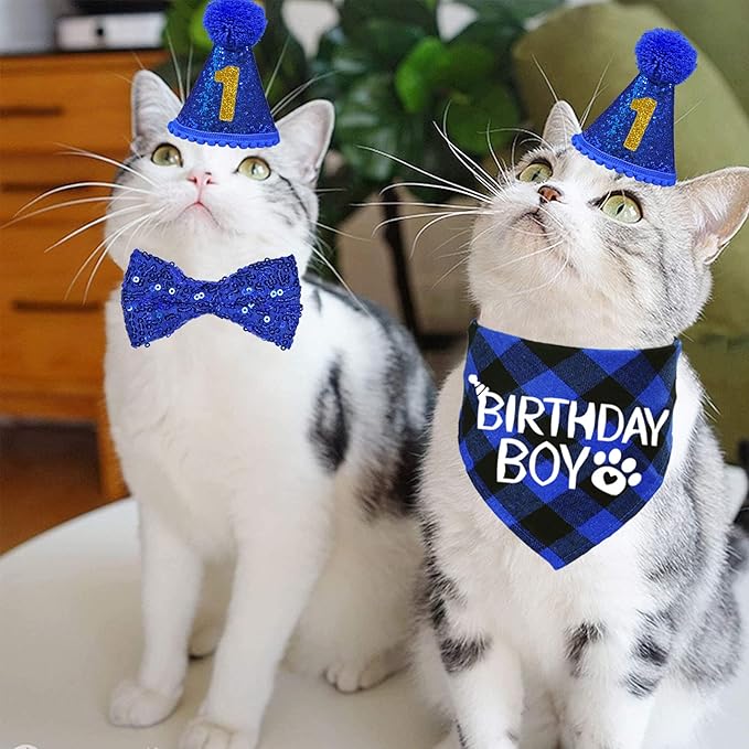 STMK Cat Birthday Decorations, Cat Birthday Hat with Number Bandana Bow Tie Collar for Cats Kittens Apparel Birthday Outfits