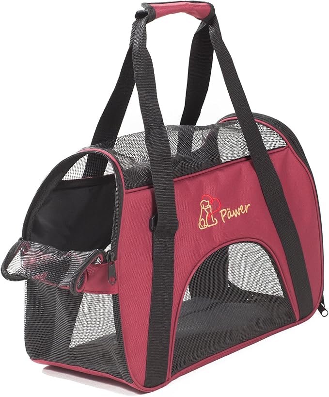 Pawer Soft-Sided Pet Carrier for Cat and Small Dog,Burgundy Color,Medium Size,Washable Cloth Airline Approved Travel Tote,with 2 Mesh Opens and a Strap for Carry,Multiple Colors Available