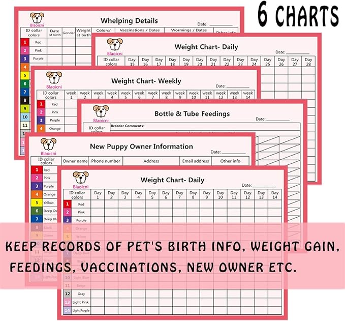 Puppy Collars for Litter,Puppy Collars for Small Puppies Soft Nylon Safety Whelping Litter Collar for Newborn Pets with Record Keeping Charts 12pcs(S)