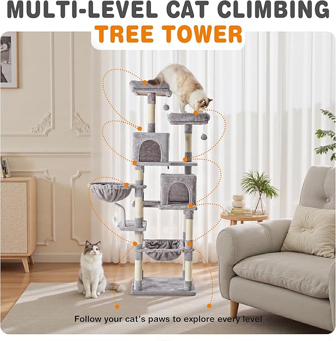 Large Cat Tree 71 Inch, Multi-Level Tall Cat Tree Tower with Condo, Perches, Sisal Scratching Posts and Hammock, Pet Play House with Dangling Balls for Indoor Cats, Light Grey