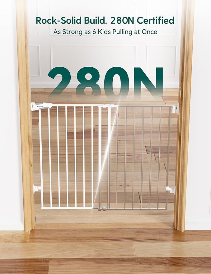 Babelio Baby Gate for Stairs, Kitchen & Doorways, No Bottom Bar| Easy Installation| One-Handed Operation| Auto-Close| Hardware Mount (Drill Needed) Safety Dog Gate (White - 2 Pcs, 26-43" W, 28" H)